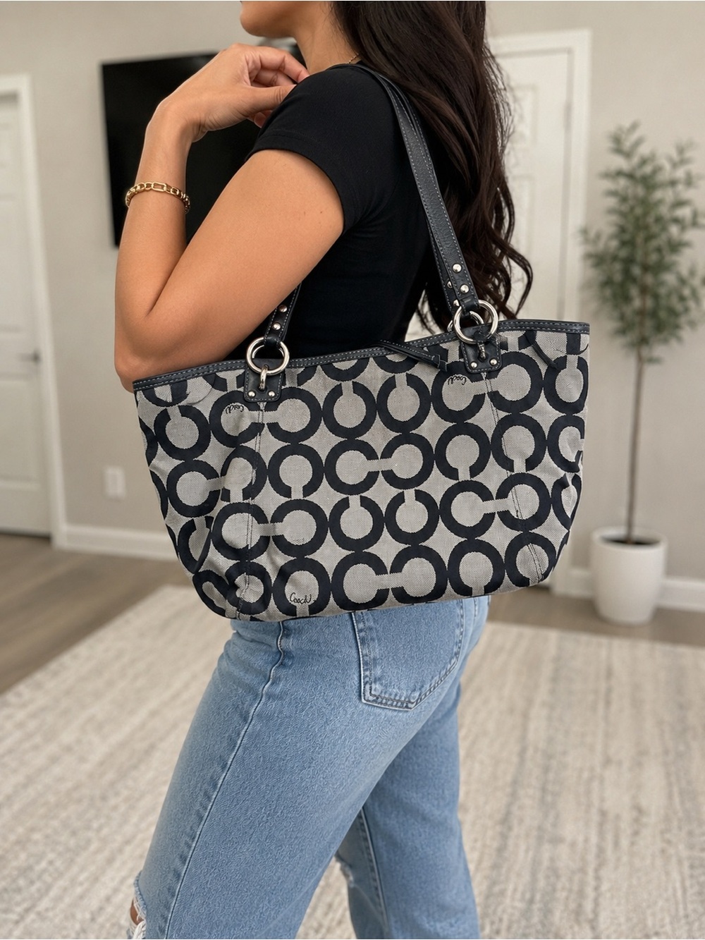 Coach Black and Gray Signature Circle Tote